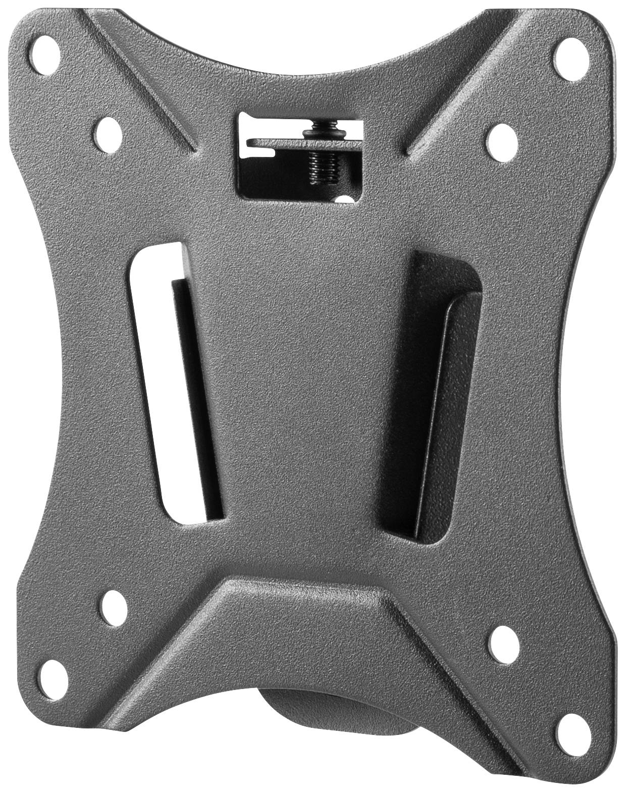 Un support de moniteur noir avec plusieurs trous de vis pour une fixation murale. Il est rectangulaire avec une structure en forme de X.