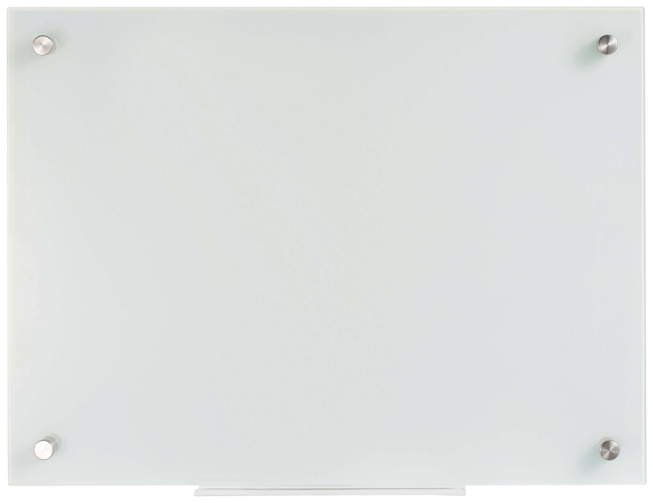 Un tableau blanc rectangulaire vide avec quatre pinces métalliques dans les coins, sur un fond blanc.