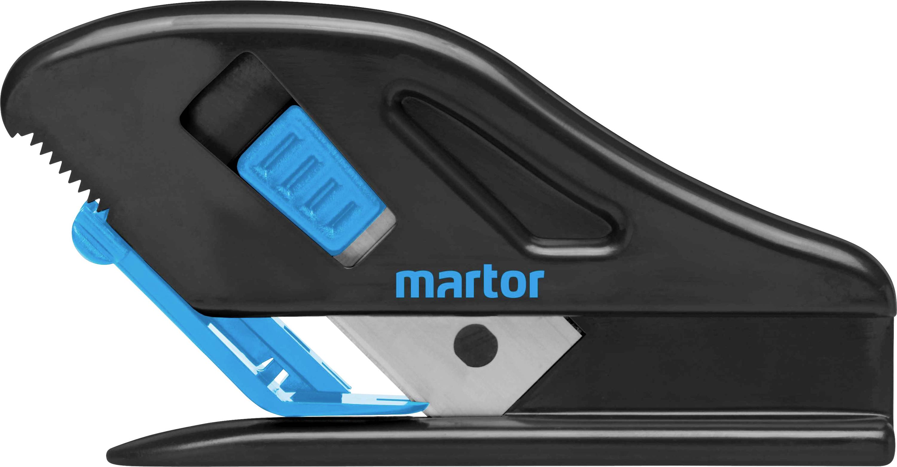 Un coupe-carton de sécurité noir avec un levier bleu et une lame visible. L'inscription 'Martor' est visible sur le côté.