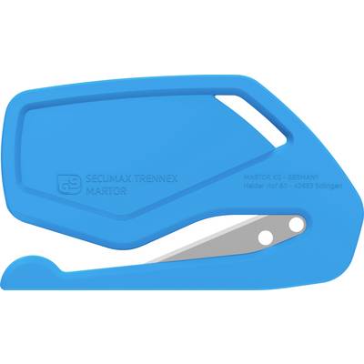 Couteau de sécurité bleu avec lame, nom de marque 'SECUMAX TRENNEK' et indications du fabricant 'MARTOR KG, GERMANY'.