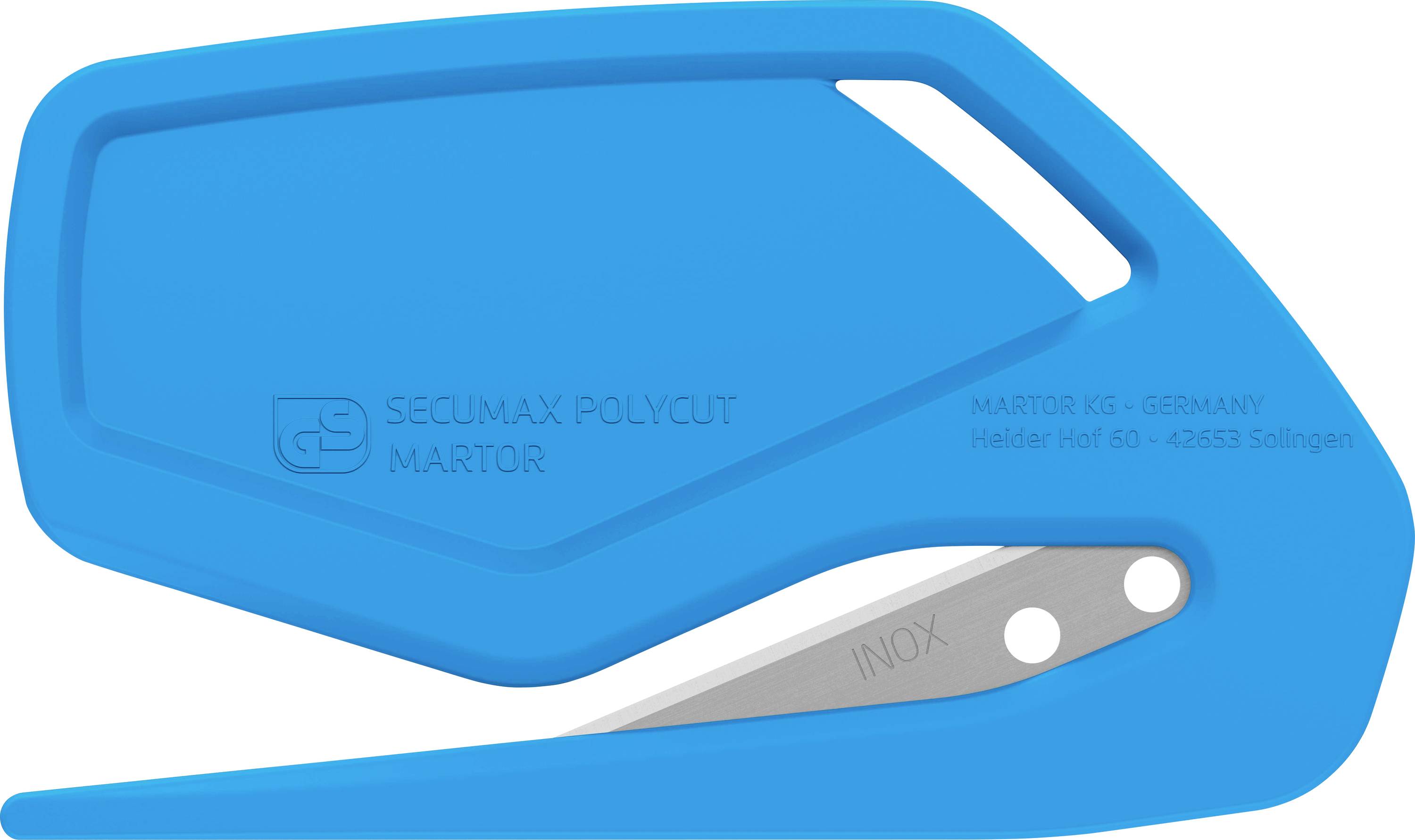 Un couteau de sécurité bleu à lame rétractable, spécialement conçu pour les travaux de coupe. Portant le texte 'SECUMAX POLYCUT MARTOR'.