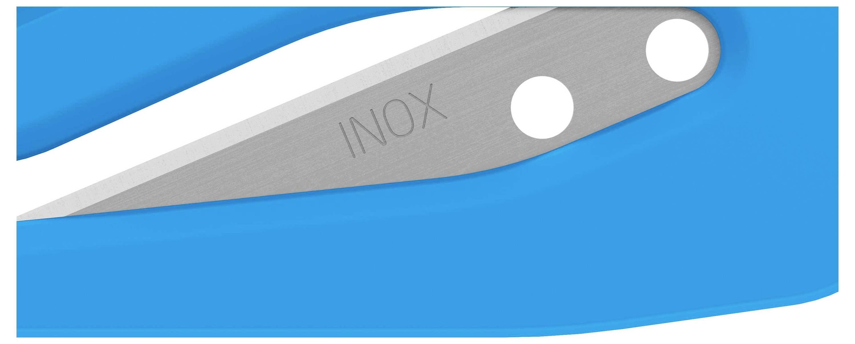 Gros plan sur des ciseaux en acier inoxydable bleus, montrant le mot 'INOX' gravé sur la lame.