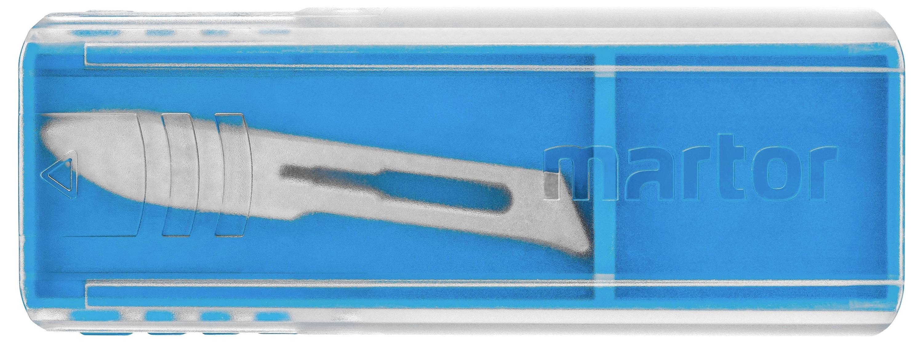 Petite boîte bleu-transparente contenant une lame de scalpel argentée.
