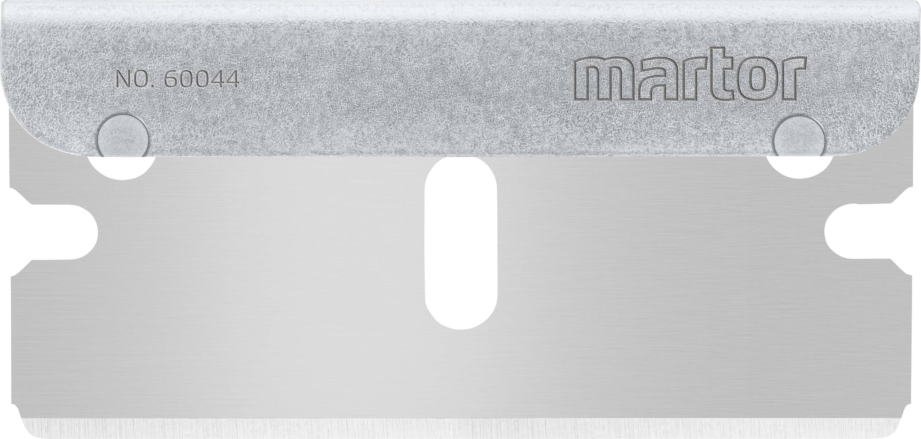 Lame de rasoir Martor numéro '60044'. De couleur argent et rectangulaire, adaptée aux travaux de coupe.