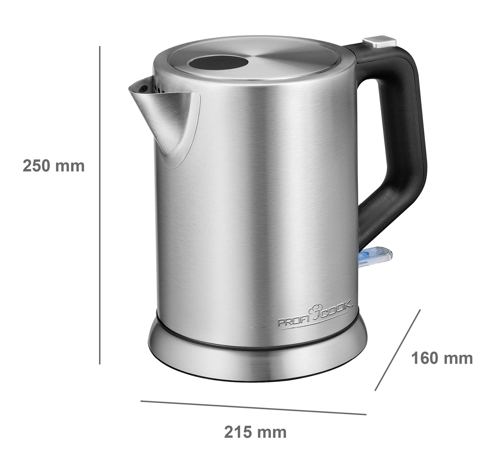Une bouilloire en acier inoxydable argentée avec une poignée noire, haute de 250 mm, large de 215 mm. Nom de marque 'PROFICOOK' sur la face avant.