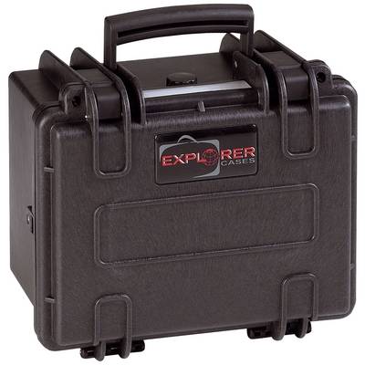 Valise noire robuste avec poignée de transport et fermetures, étiquetée 'Explorer Cases'. Adaptée au transport sécurisé d'équipements.