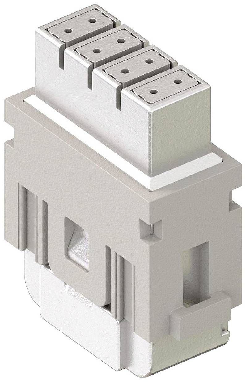 Connecteur avec quatre fiches carrées, de couleur gris-blanc, avec des encoches latérales pour la fixation.