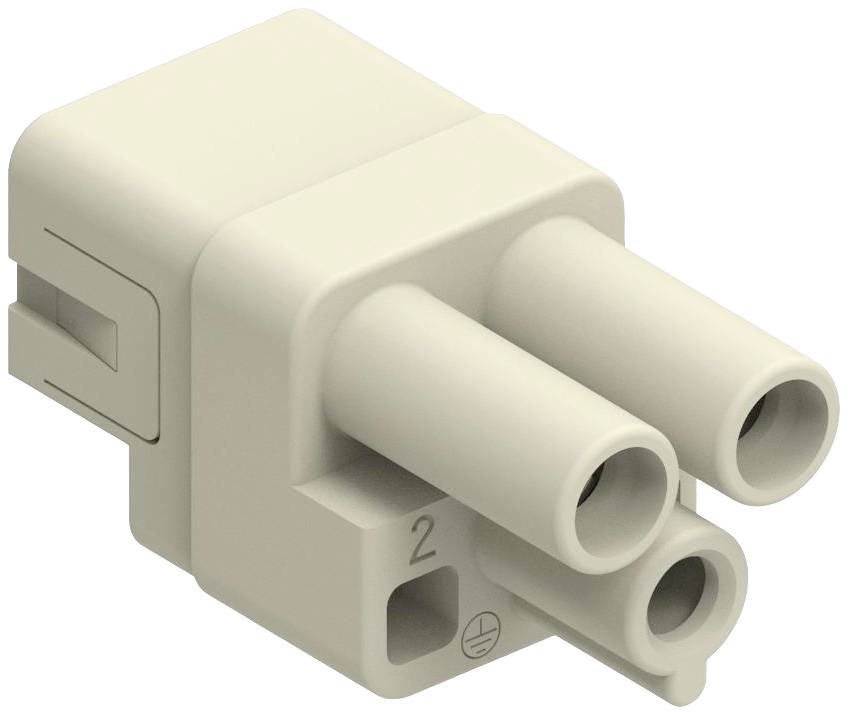 Connecteur tripolaire beige avec repère de positionnement au sol.