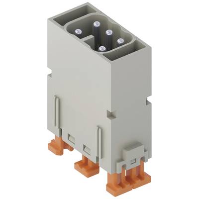 Fiche électrique à quatre broches, de forme rectangulaire, avec boîtier gris et éléments de fixation orange, destinée aux applications industrielles.