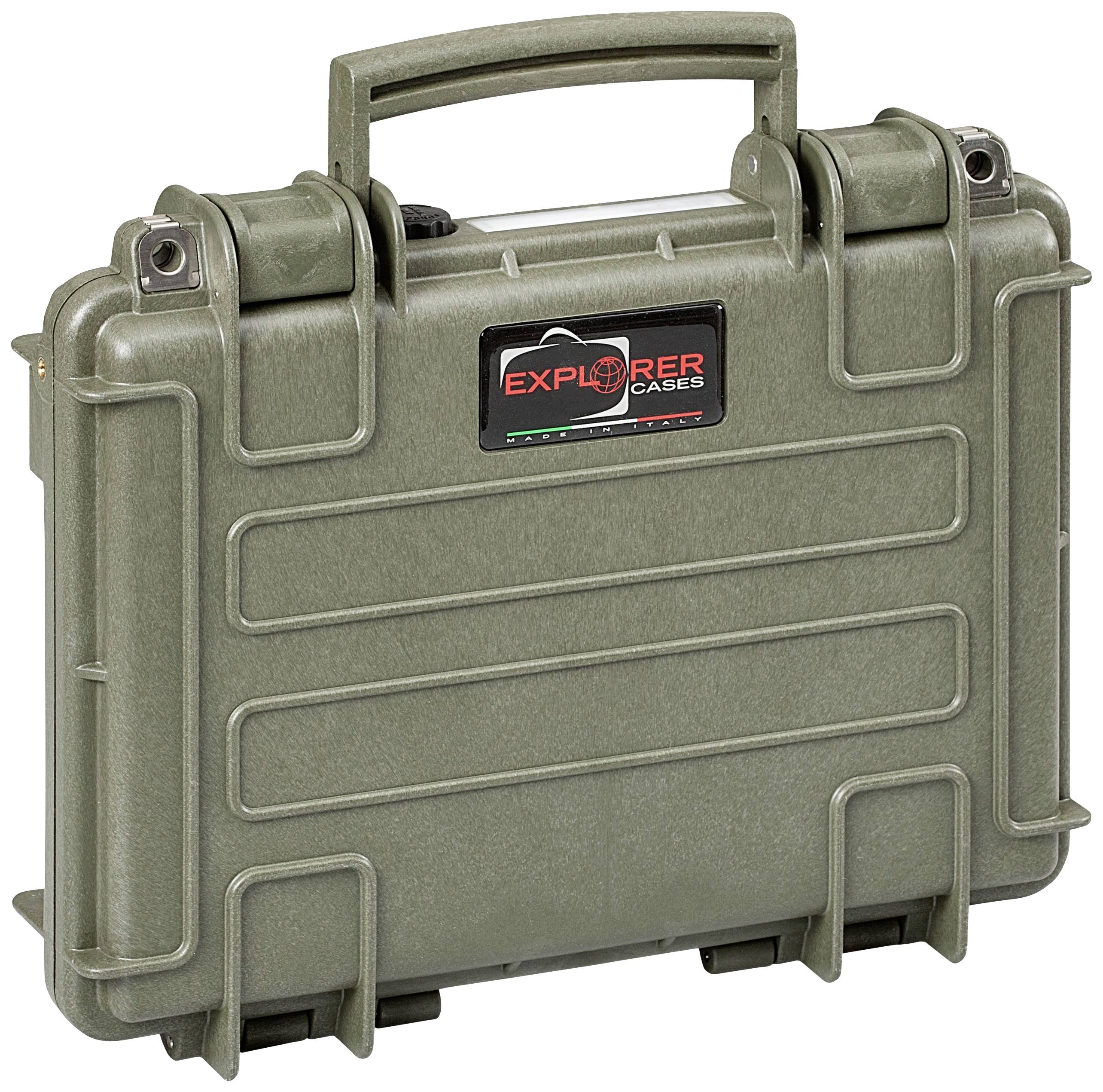 Une boîte de transport verte et robuste avec une poignée de transport, portant l'inscription 'Explorer Cases'.