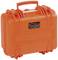 Valise en plastique orange avec boîtier robuste et poignée de transport, adaptée au transport sécurisé d'appareils ou d'outils délicats.