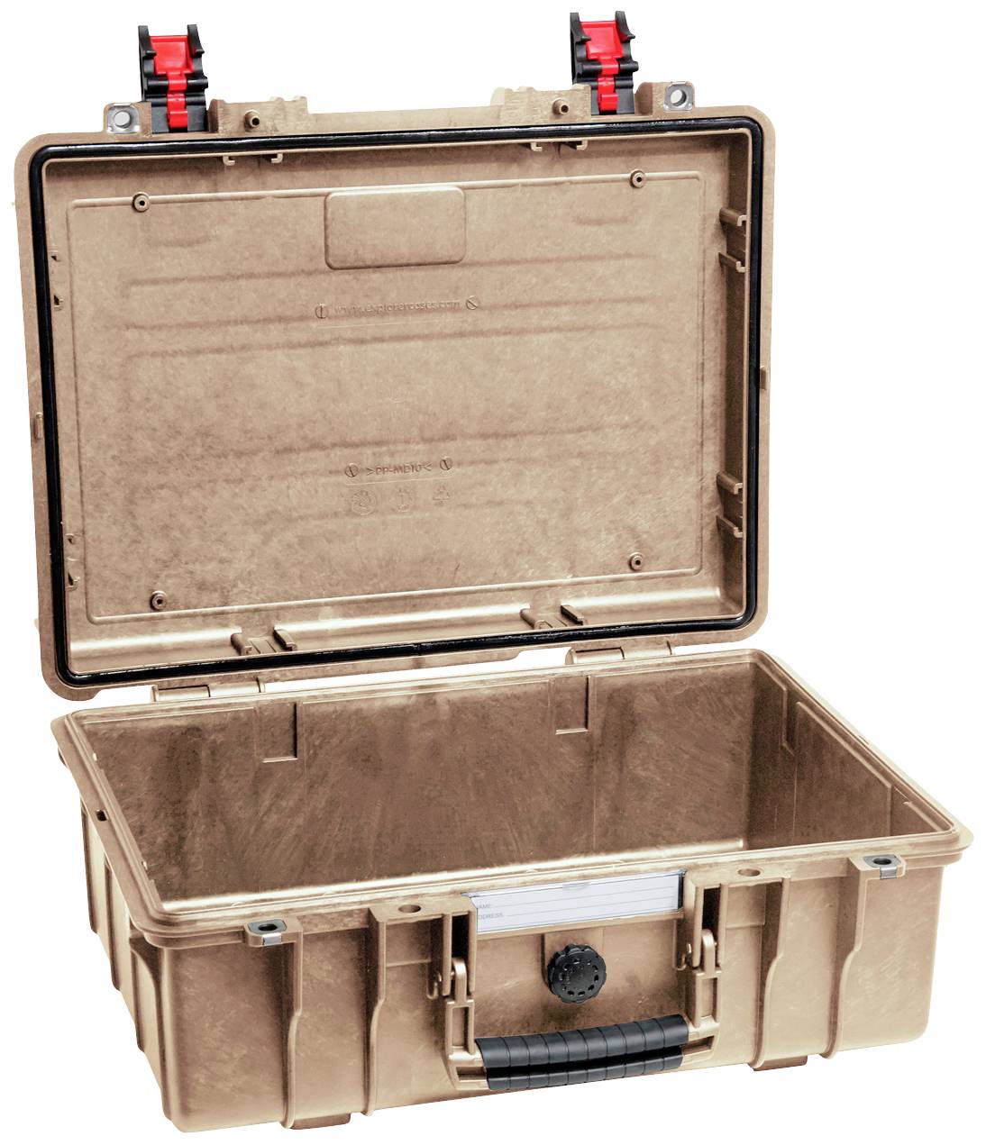 Mallette de protection brune ouverte, vide et robuste avec une poignée noire et des fermetures rouges. Adaptée au stockage et au transport en toute sécurité.