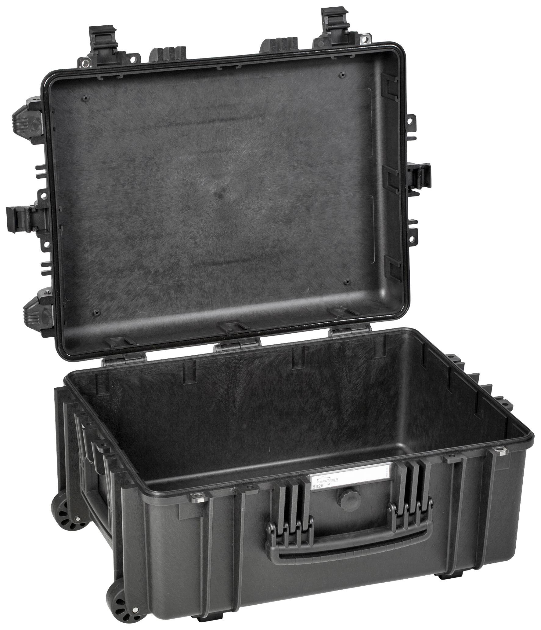 Valise rigide noire, ouverte, avec roulettes et poignée, adaptée au transport sécurisé d'équipements fragiles.
