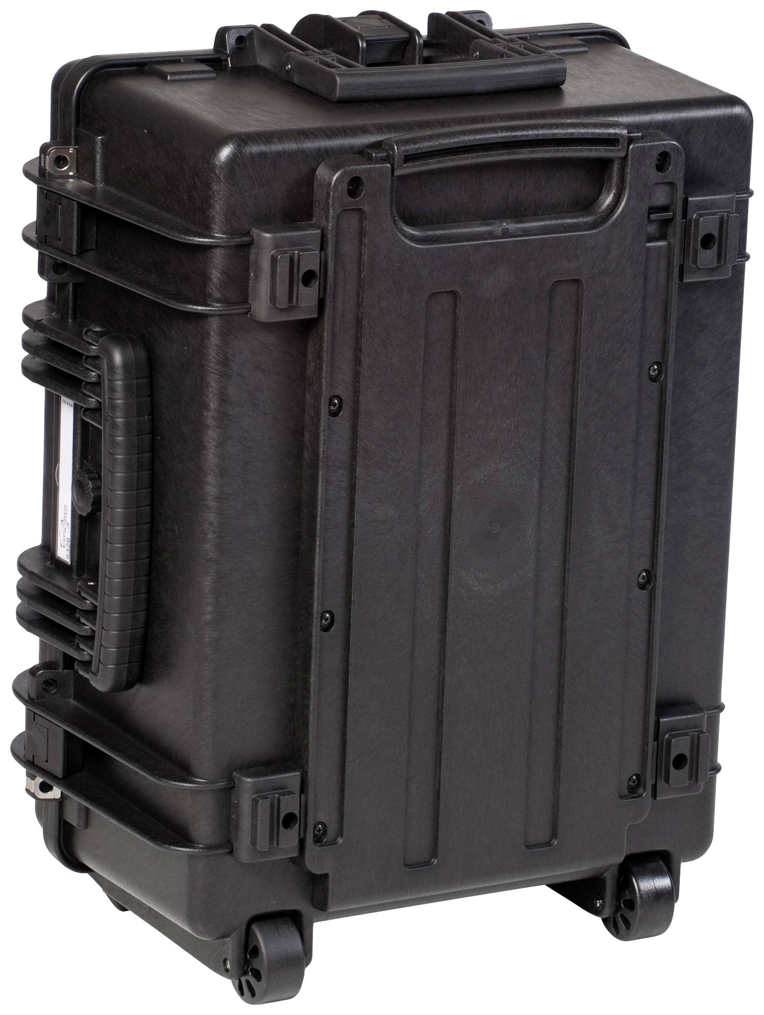 Valise noire robuste avec roulettes et poignées ; adaptée au transport sécurisé d'équipements sensibles.