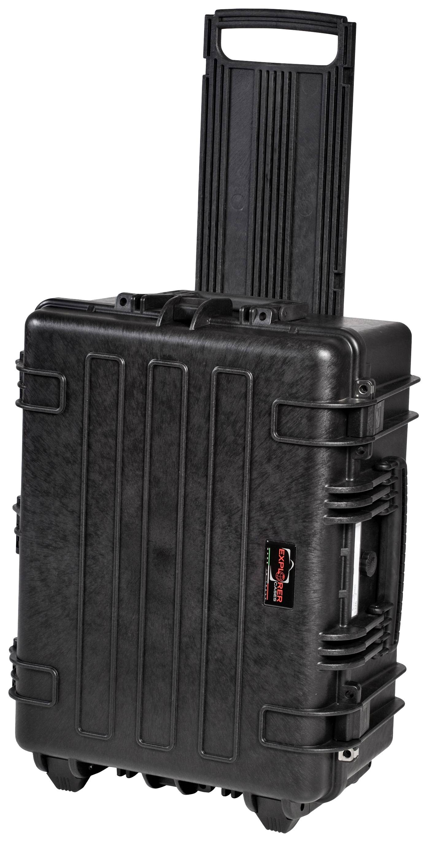 Valise robuste et noire à roulettes, équipée d'une poignée télescopique, conçue pour le transport sécurisé d'équipements sensibles.