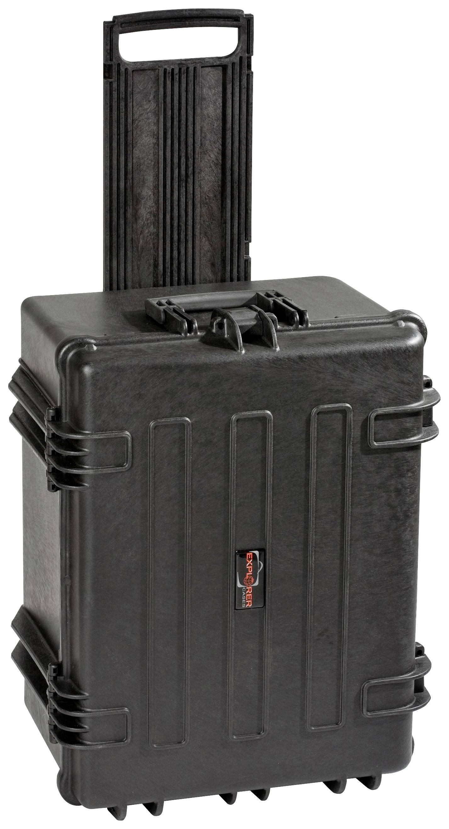 Valise rigide noire avec poignée télescopique et fermetures robustes, adaptée au transport sécurisé d'équipement.