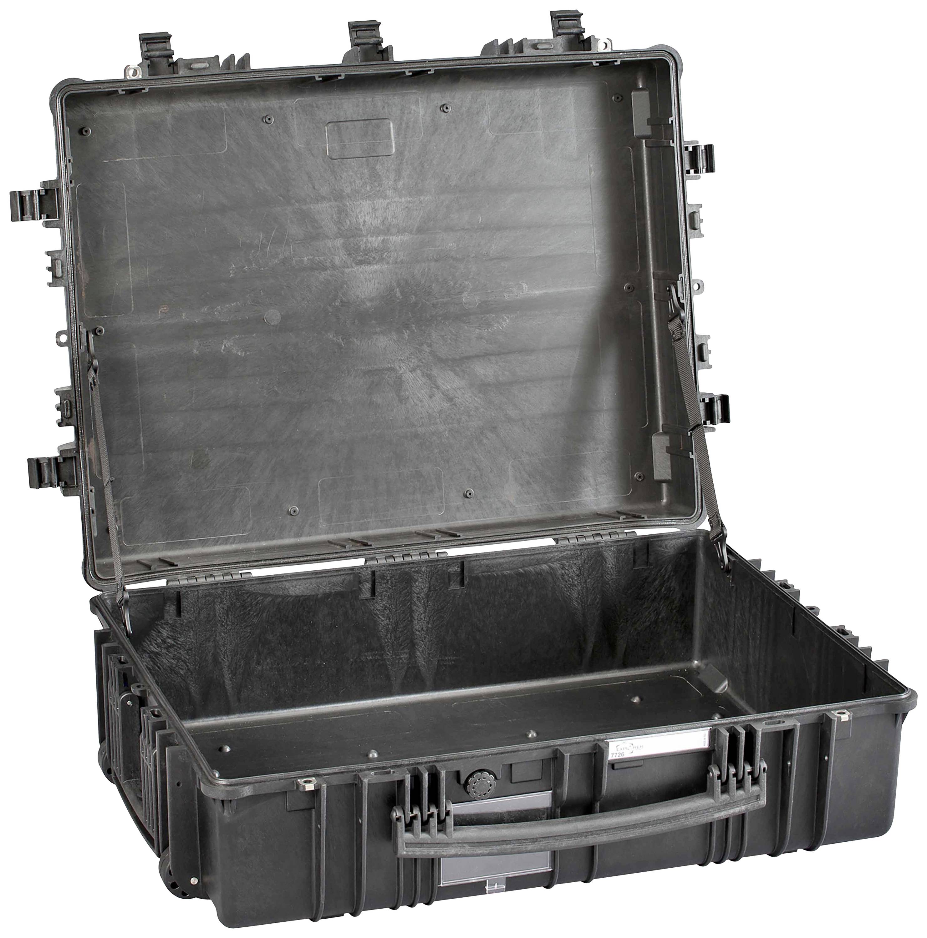 Une valise rigide noire, ouverte et vide, qui semble robuste et spacieuse, adaptée au transport sécurisé d'équipement.