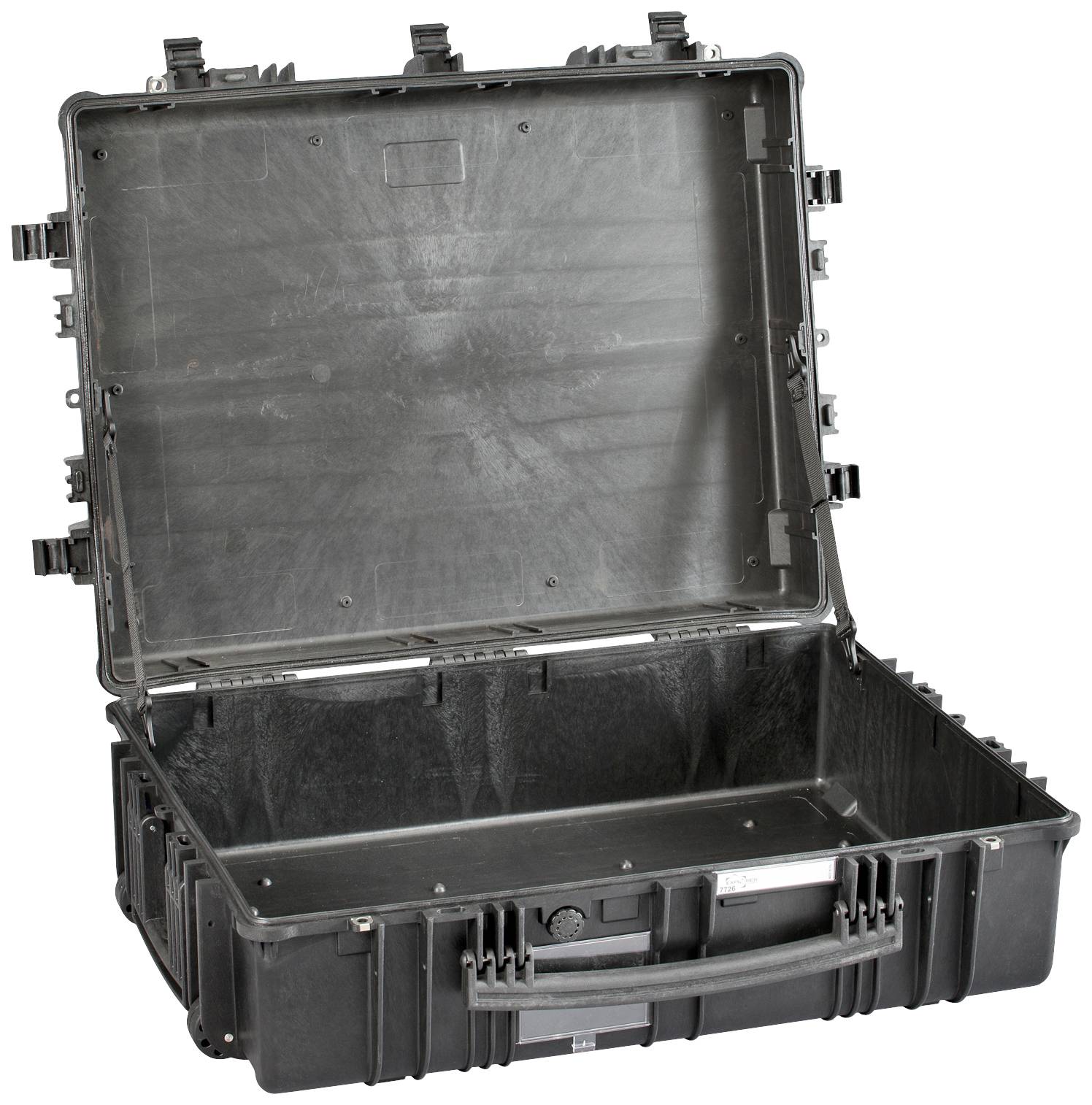 Grand étui de protection noir, ouvert, robuste, avec un design résistant, adapté au stockage et au transport d'équipements sensibles.