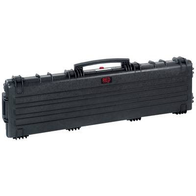 Valise noire, rectangulaire, avec poignée de transport, adaptée au transport d'objets fragiles. Marquage 'RED' au centre.