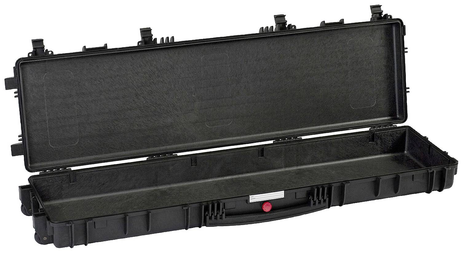 Une grande valise noire ouverte, dotée de mousse de protection pour protéger les objets délicats.