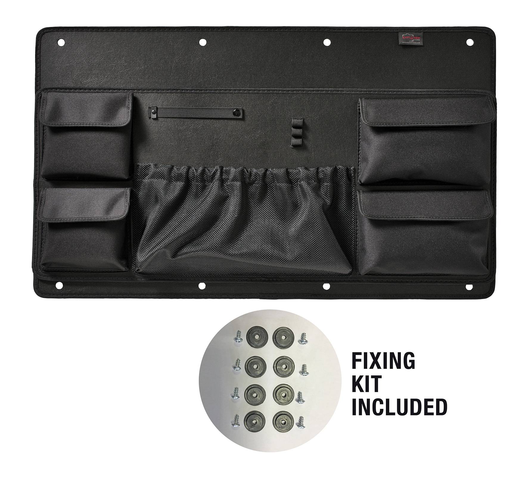 Sac à outils noir avec six poches, poche en filet centrale et ensemble de fixation composé de vis et d'écrous.