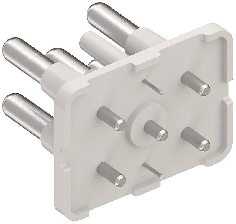 Un connecteur électrique à six pôles avec un boîtier rectangulaire et des contacts métalliques ronds, adapté aux applications industrielles.