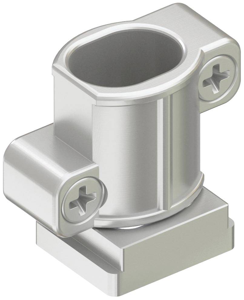 Connecteur d'angle métallique à deux vis, de forme rectangulaire et à surface lisse, utilisé pour relier des systèmes de tuyauterie.