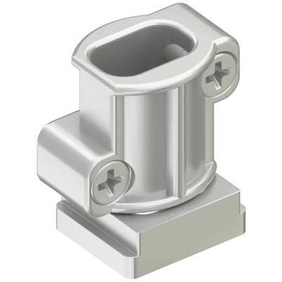 Une pièce de jonction argentée et métallique pourvue de deux vis pour la fixation sur une base. Principalement destinée à des applications techniques.