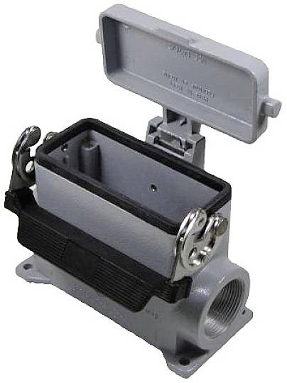 Boîtier métallique avec couvercle ouvert, deux étriers de fermeture latéraux. Adapté pour les connexions industrielles.
