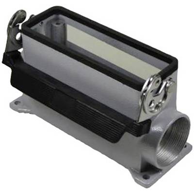 Boîtier métallique rectangulaire avec des attaches latérales, ouvert en haut et doté d'un raccordement cylindrique lisse sur la droite.