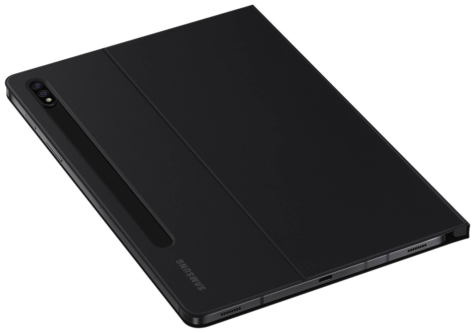 Une tablette noire photographiée de dos, en diagonale et vue de dessus, montrant l'appareil photo et son design élégant.
