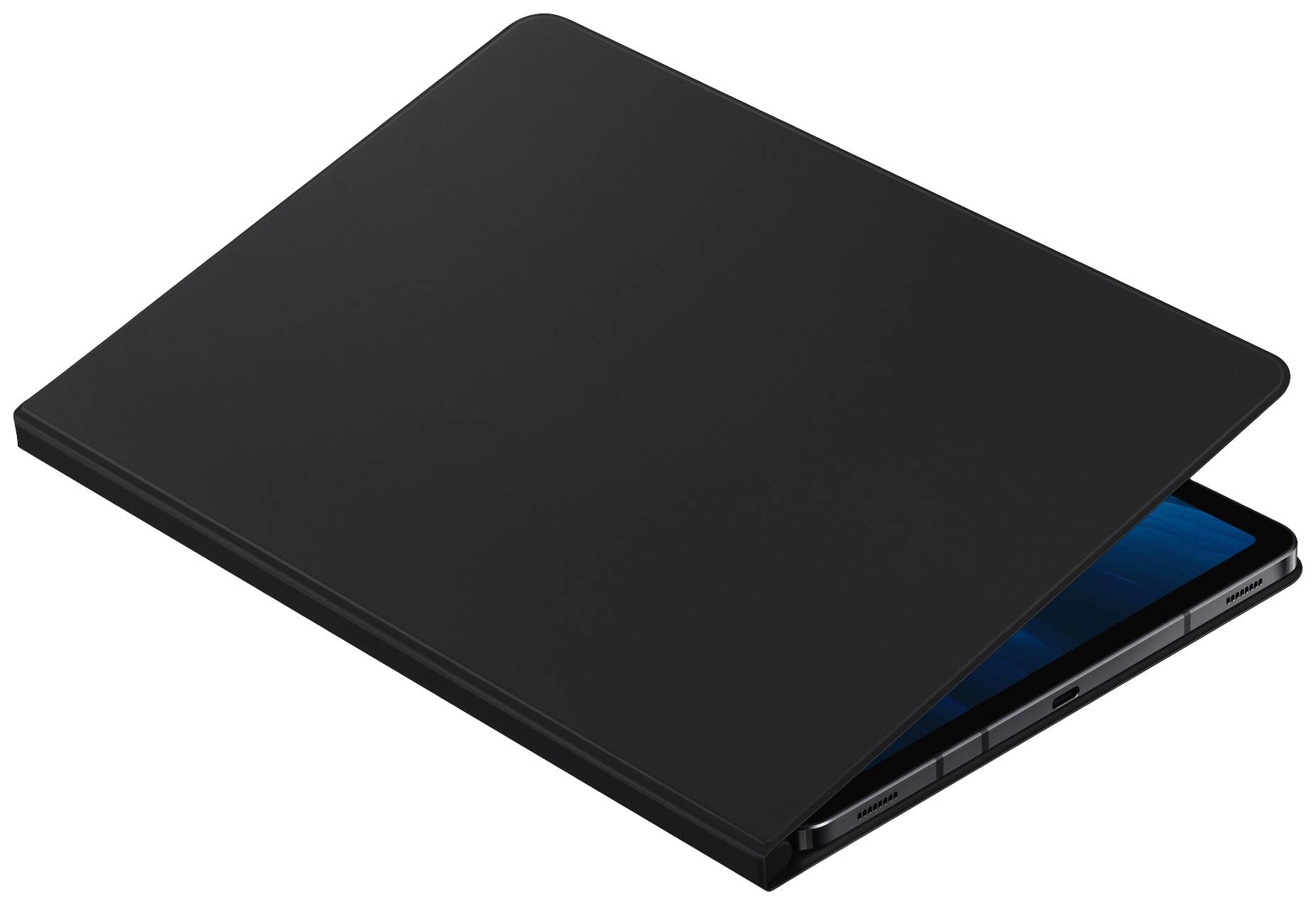 Un ordinateur portable noir partiellement ouvert avec un écran bleu visible. Le design est élégant et moderne.