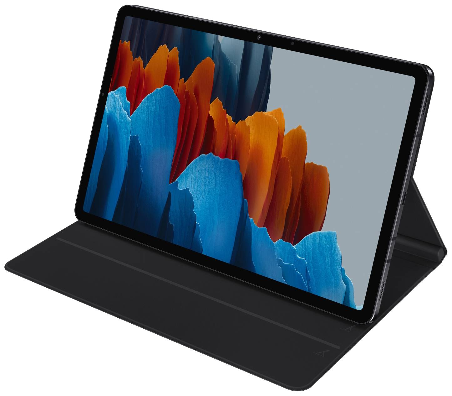 Une tablette dans un étui de protection noir avec un fond d'écran composé de formes abstraites bleues et orangées.