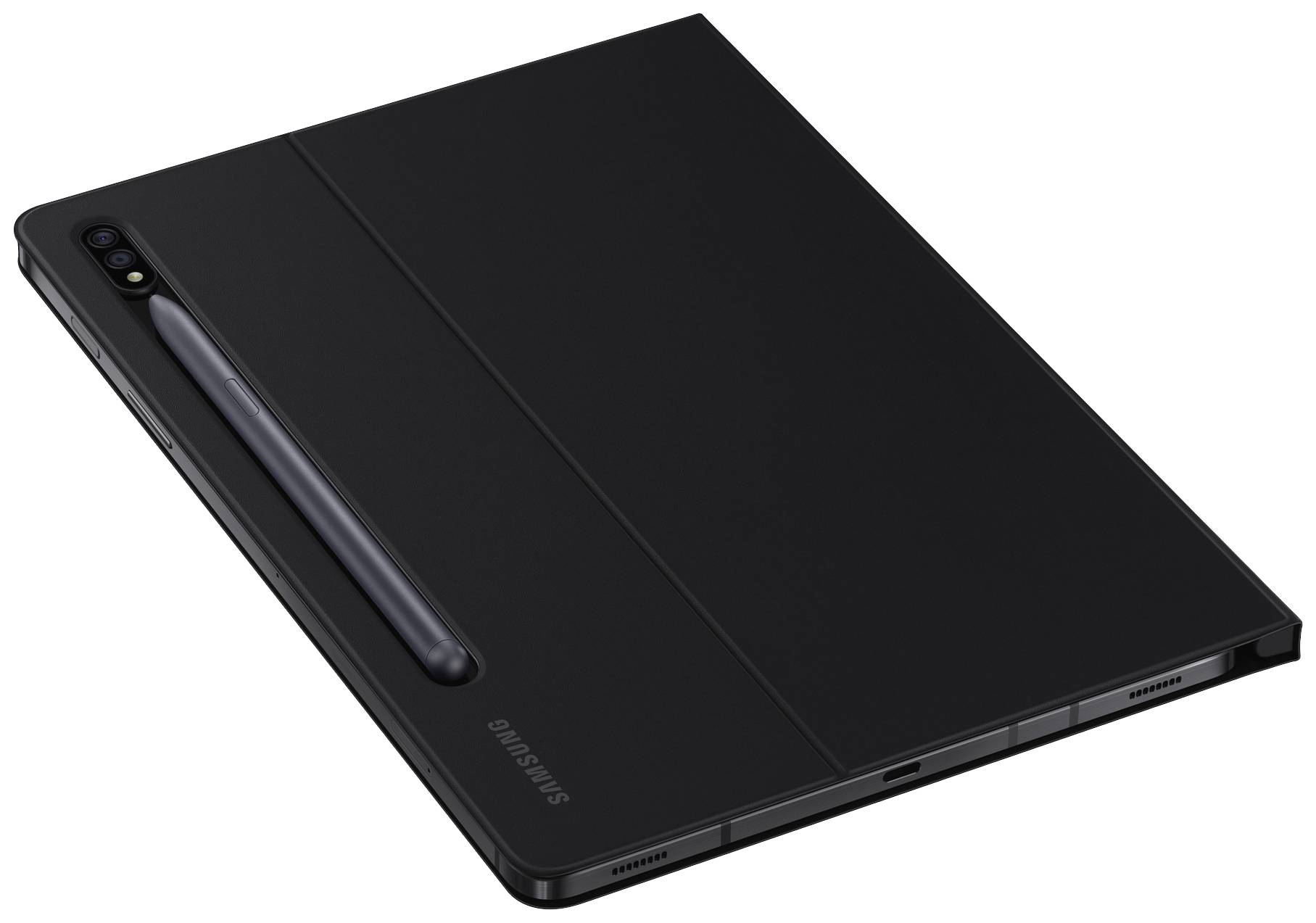Tablette noire dans un boîtier de protection, caméra à deux objectifs dans le coin supérieur gauche, design élégant et moderne.