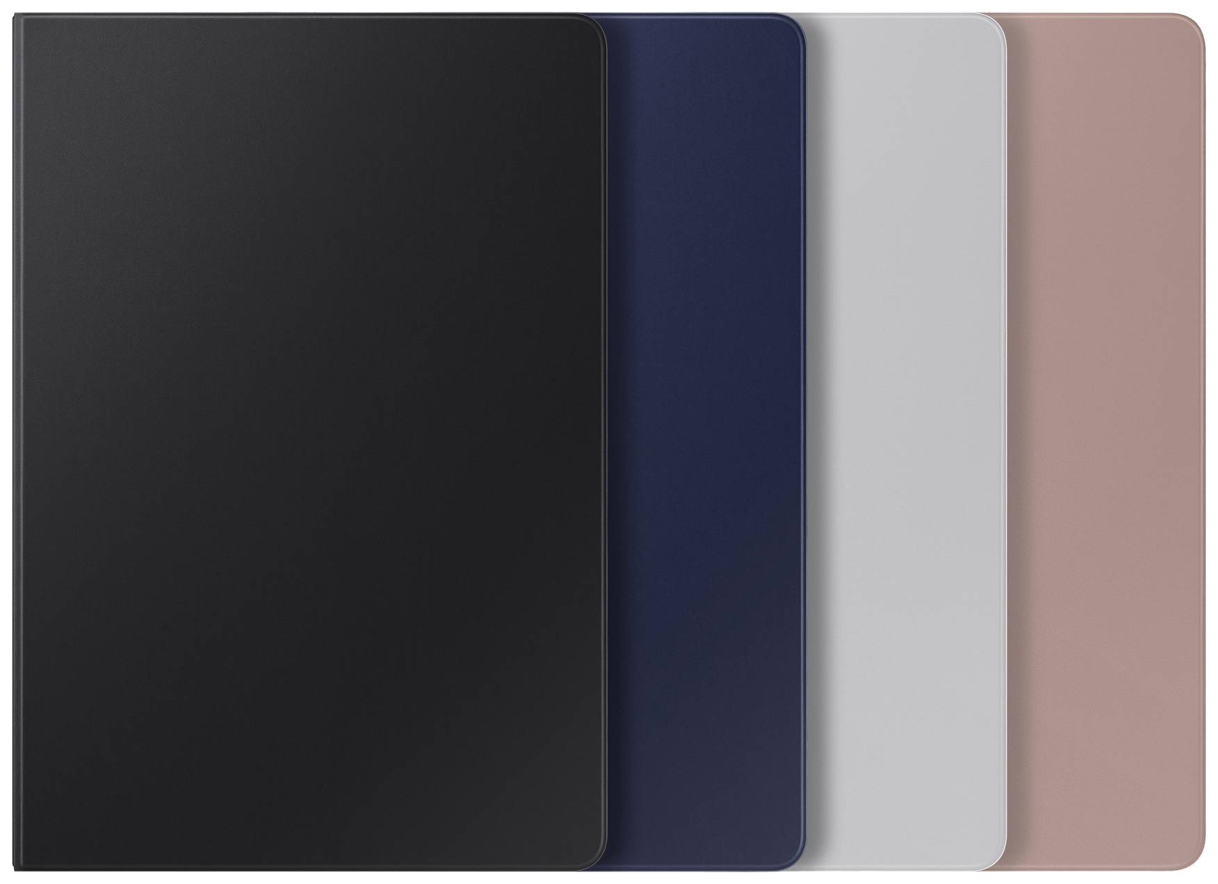 Quatre étuis pour tablette simples et unis, disposés côte à côte, dans les couleurs noir, bleu marine, gris et rose.