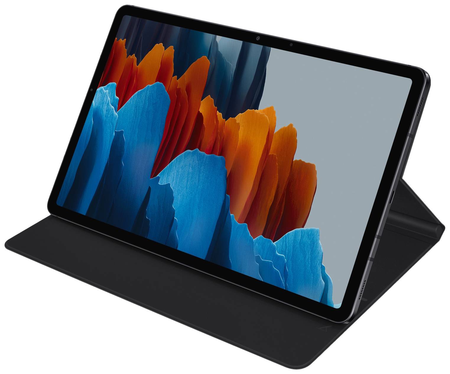 Tablette avec une housse de protection noire. L'écran affiche un motif abstrait et coloré dans des tons de bleu et d'orange.