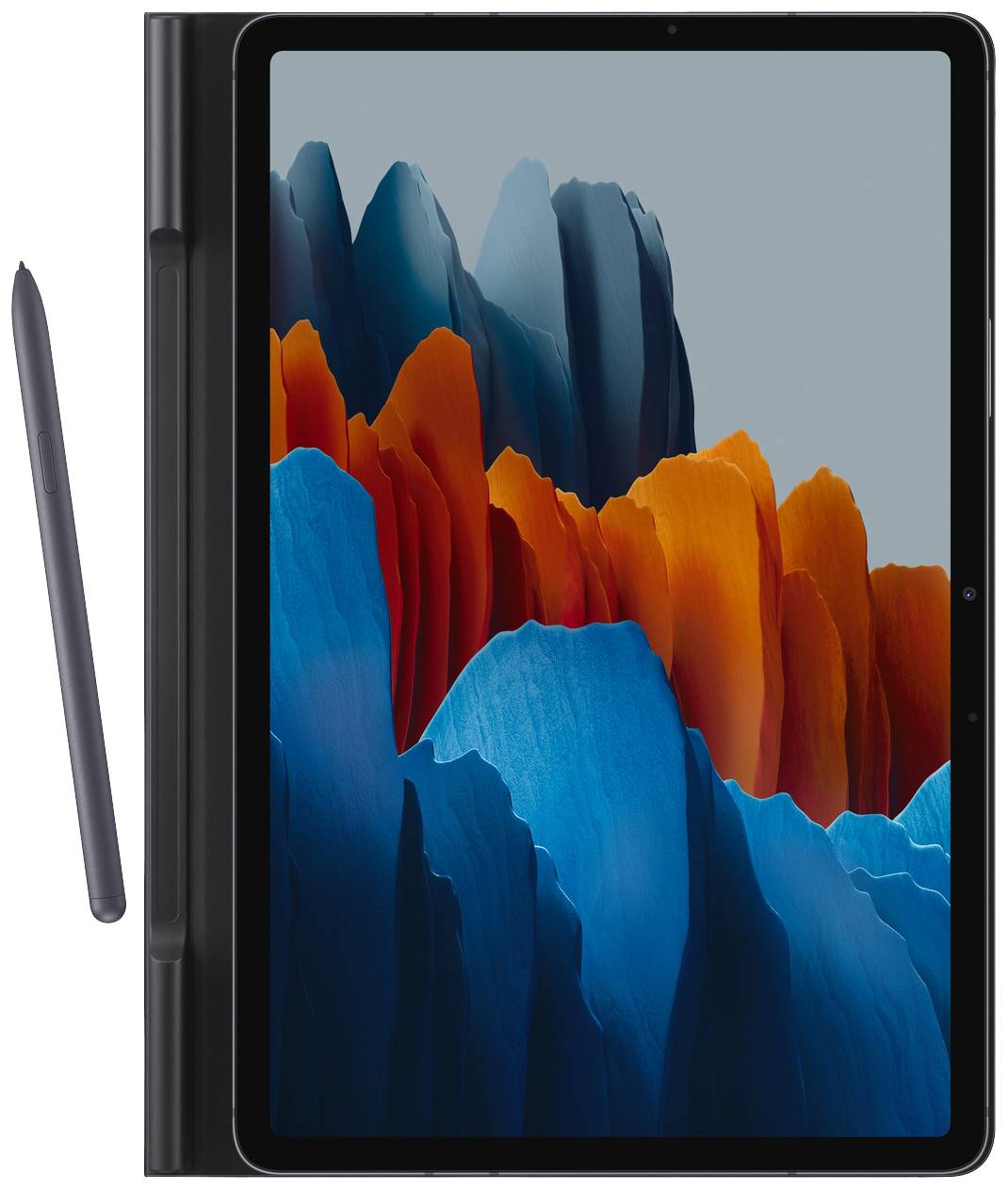 Tablette avec un bord noir et un stylet. L'écran affiche un motif abstrait composé de formes bleues et orangées.
