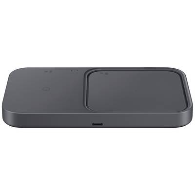 Chargeur sans fil noir avec deux surfaces de charge, port USB-C à l'avant. Idéal pour charger simultanément deux appareils.