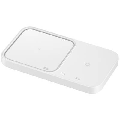 Station de charge sans fil blanche avec deux surfaces de charge. Un indicateur LED affiche le statut de charge.