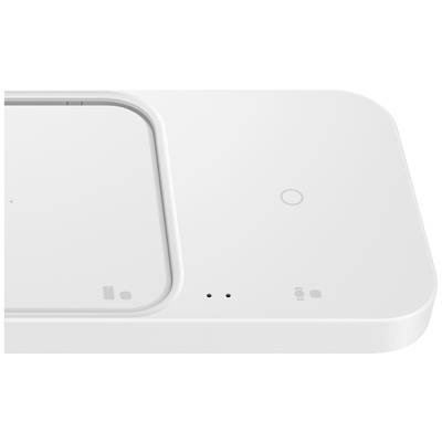 Station de charge sans fil blanche avec deux emplacements de charge et des voyants LED au centre, adaptée pour charger simultanément plusieurs appareils.