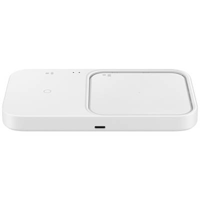 Un chargeur sans fil blanc rectangulaire avec deux surfaces de charge, un bouton rond et un port USB-C.