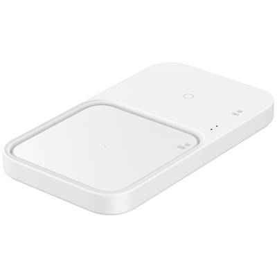 Chargeur sans fil blanc avec deux surfaces de charge, des voyants LED et un bouton rond au centre. Idéal pour la charge mobile.