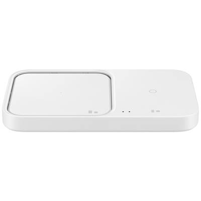 Un chargeur sans fil blanc avec deux surfaces de charge, un bouton rond au centre et des LED pour indiquer l'état de charge.