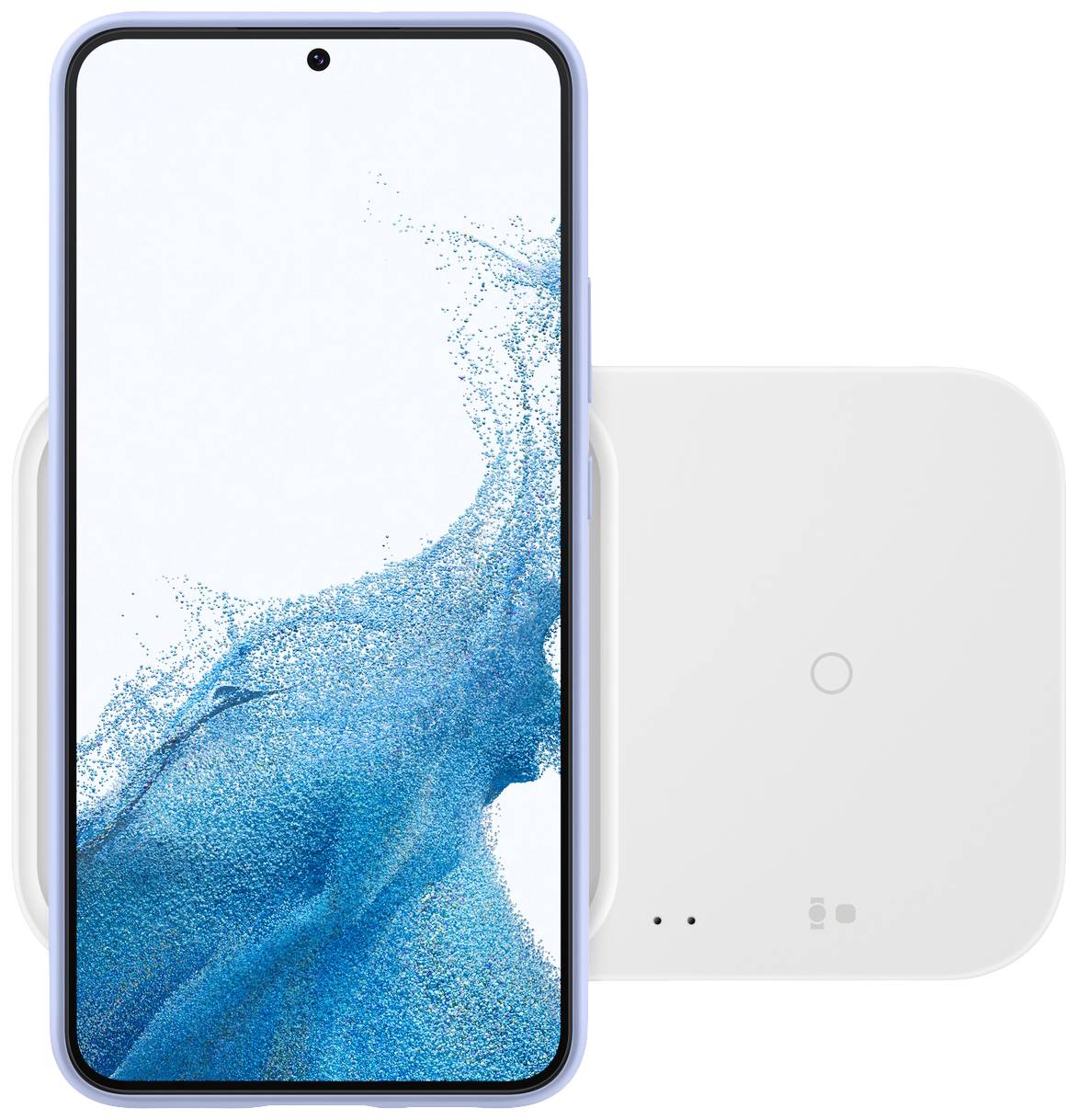 Un smartphone avec un motif éclaboussé bleu sur l'écran est posé sur un chargeur sans fil.