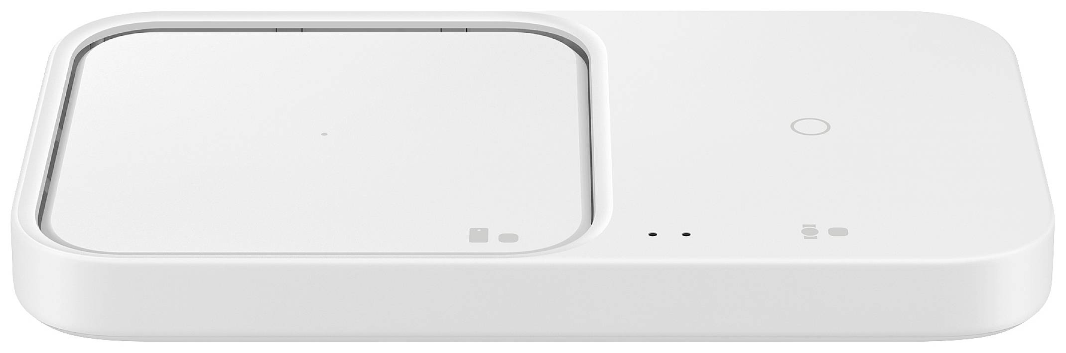 Un chargeur sans fil blanc, rectangulaire, doté de deux stations de charge, de petits voyants LED et d'un capteur circulaire.