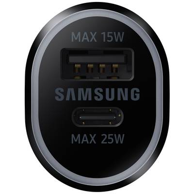 'Chargeur noir Samsung avec deux ports : USB-A en haut, USB-C en bas. Puissance maximale indiquée de 15W et 25W.'