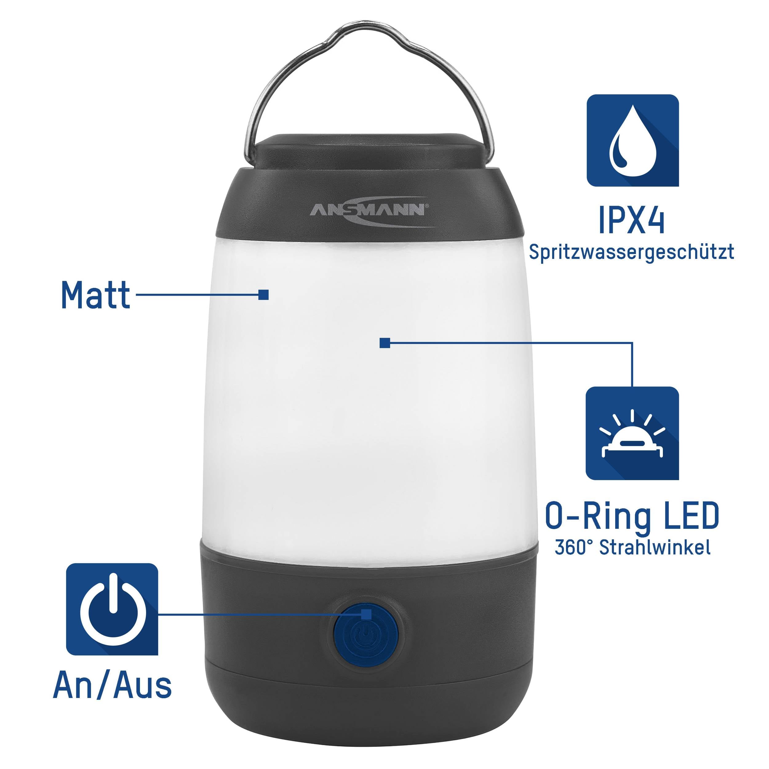 Lampe LED étanche avec finition mate, protection contre les éclaboussures IPX4, anneau LED pour éclairage à 360°, interrupteur marche/arrêt à la base.