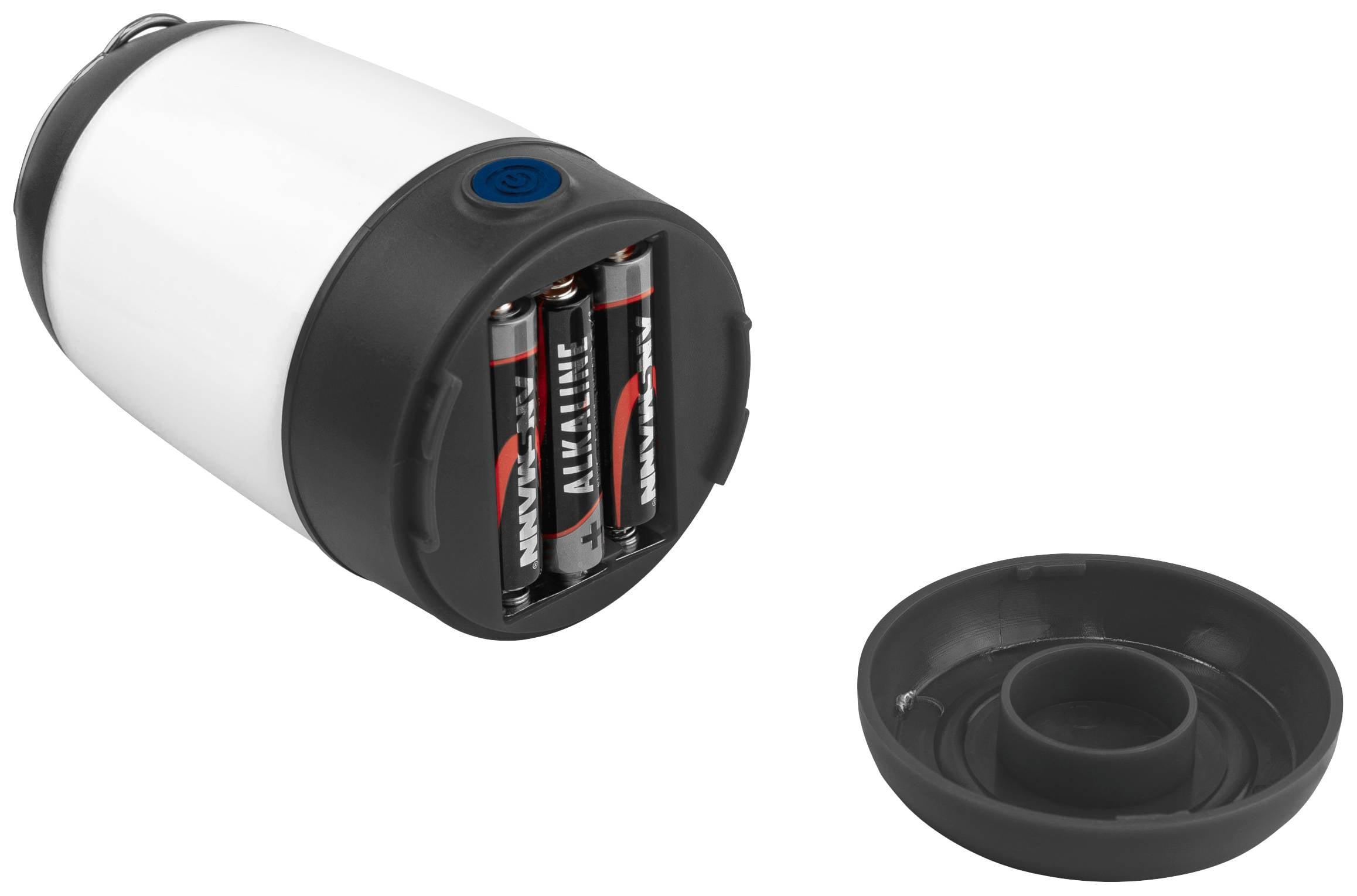 Bouteille isotherme avec couvercle retiré, montrant le compartiment à piles. Trois piles AA insérées, suggérant une fonction électrique.