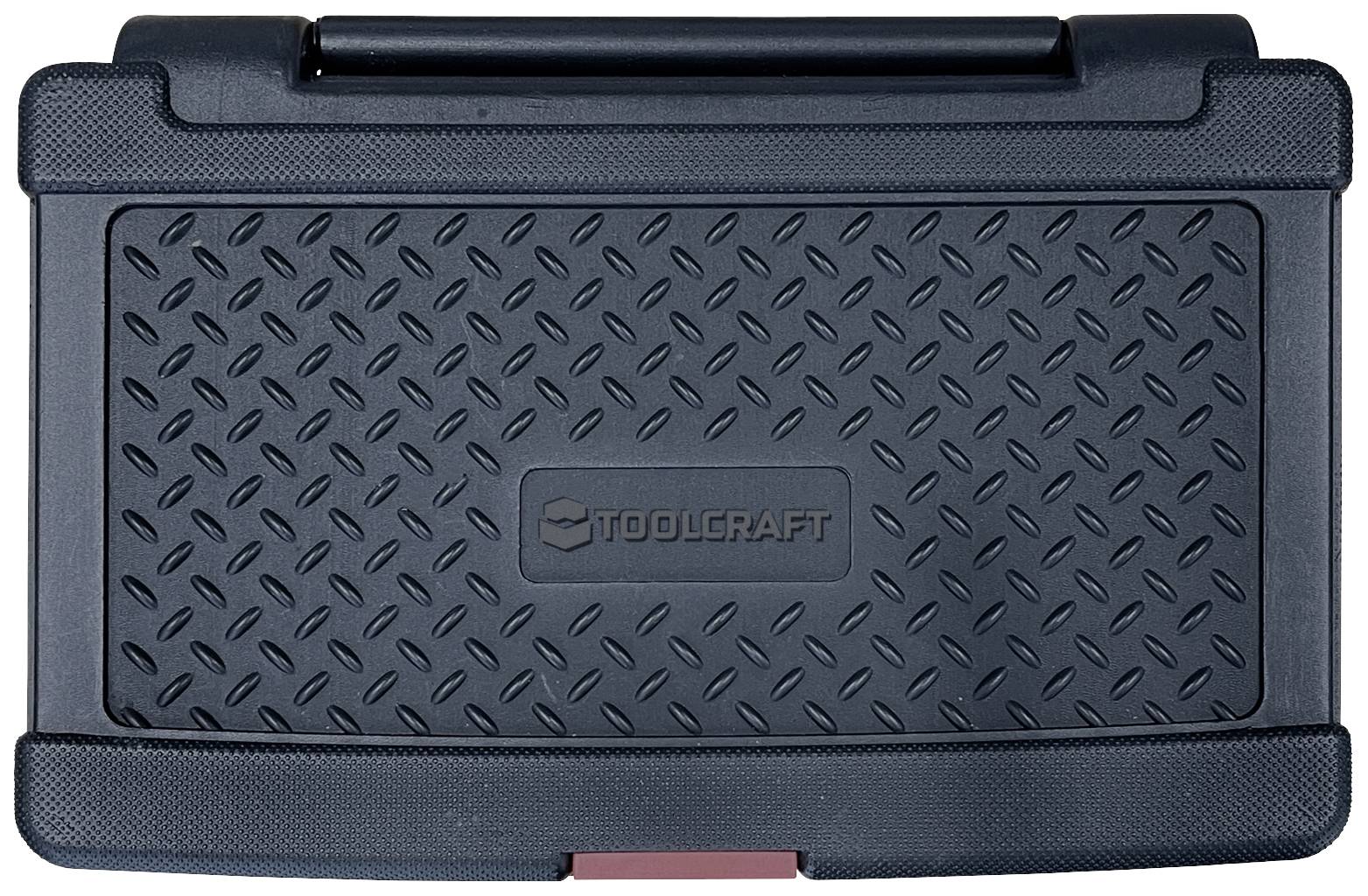 Un coffret à outils noir avec un motif de surface structuré et un logo 'Toolcraft' centré sur le couvercle.