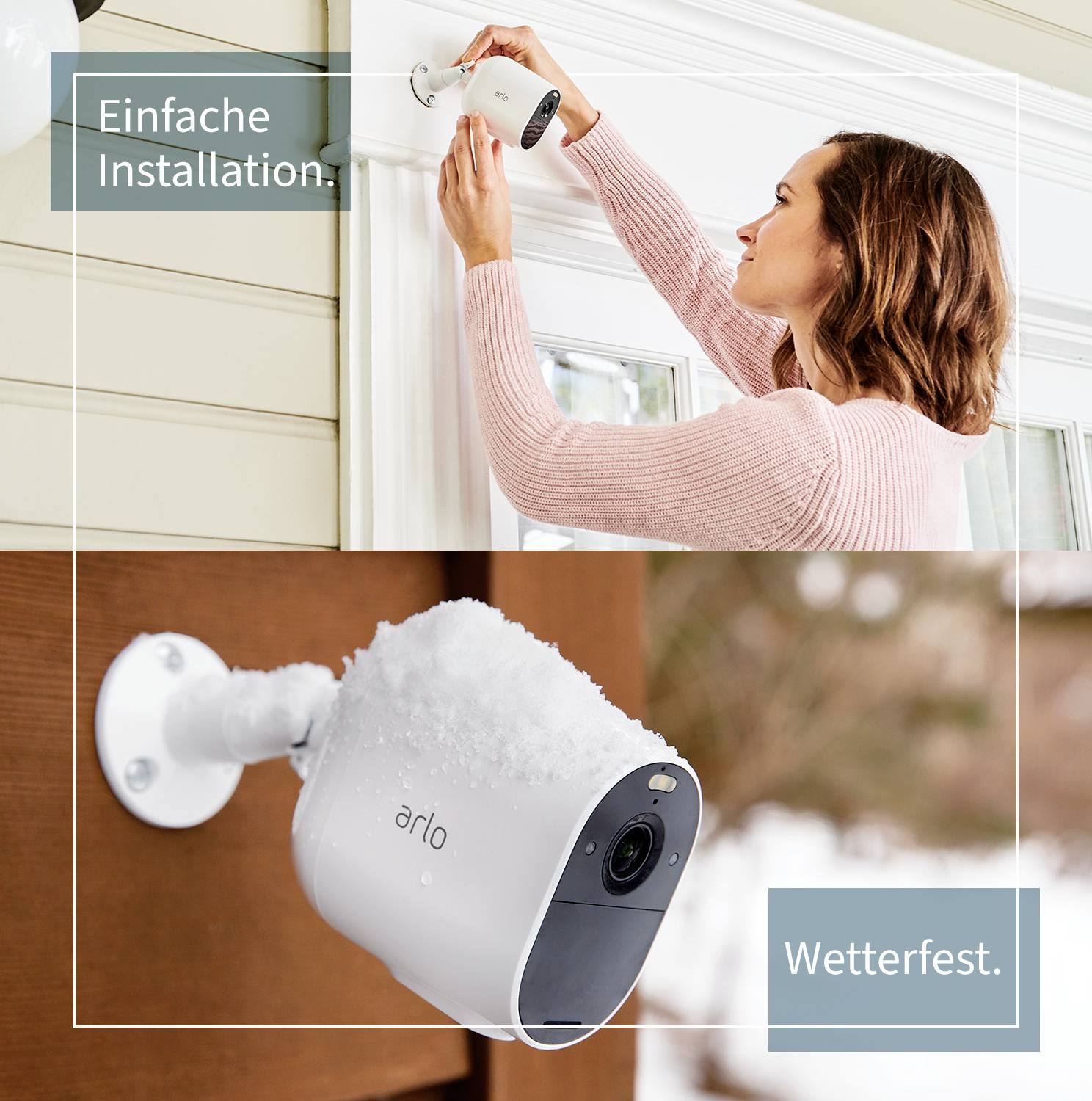 Installation d'une caméra de surveillance extérieure. Le texte 'Installation simple. Résistante aux intempéries.' met en avant la facilité de montage et la durabilité de la caméra.
